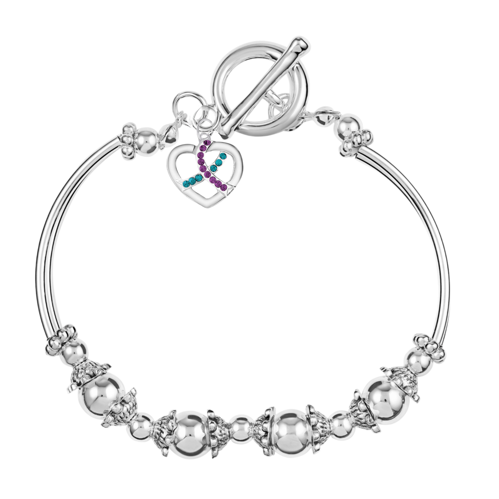 Teal & Purple Crystal Ribbon Awareness Partial Beaded Bracelets
