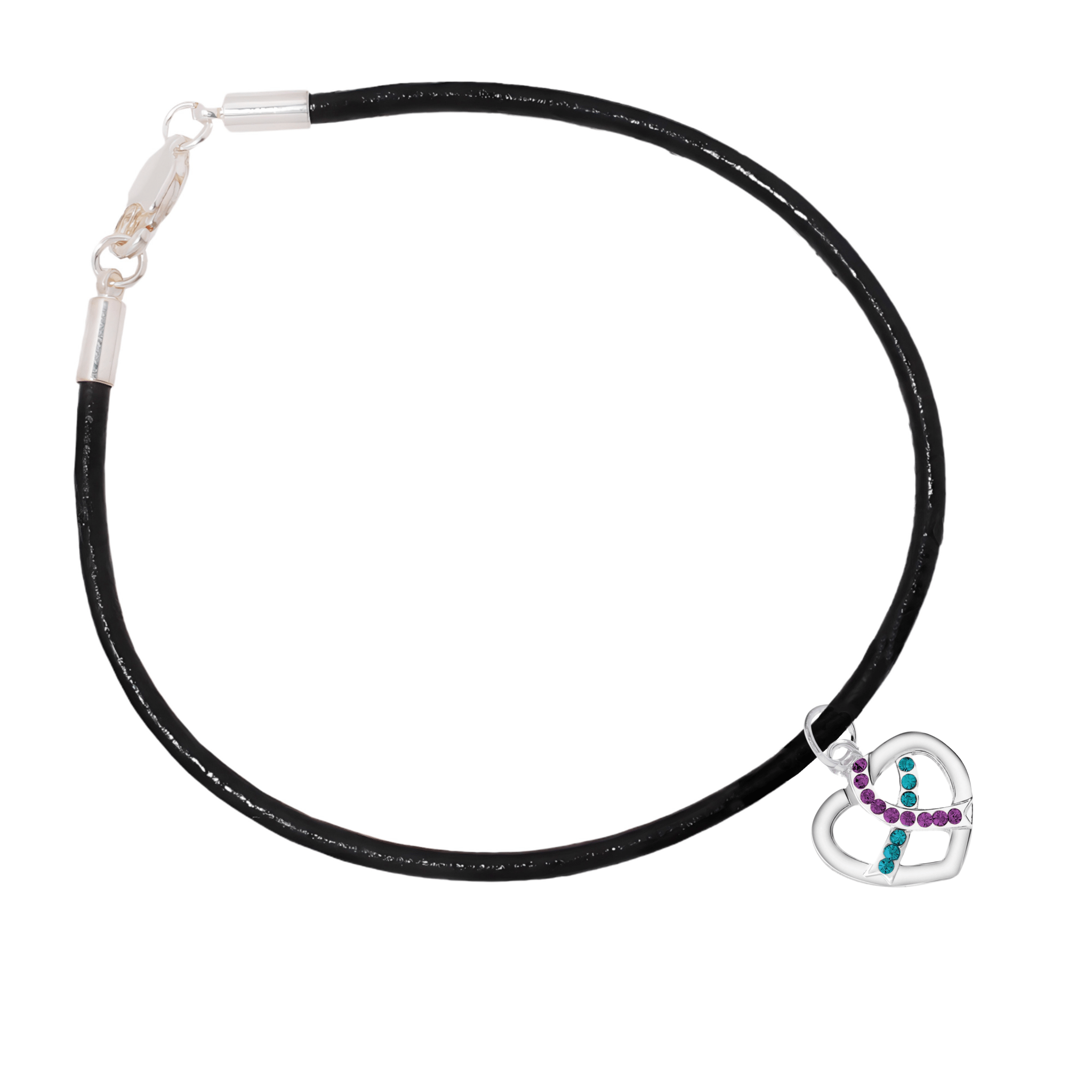 Teal & Purple Ribbon Crystal Heart Leather Cord Bracelets