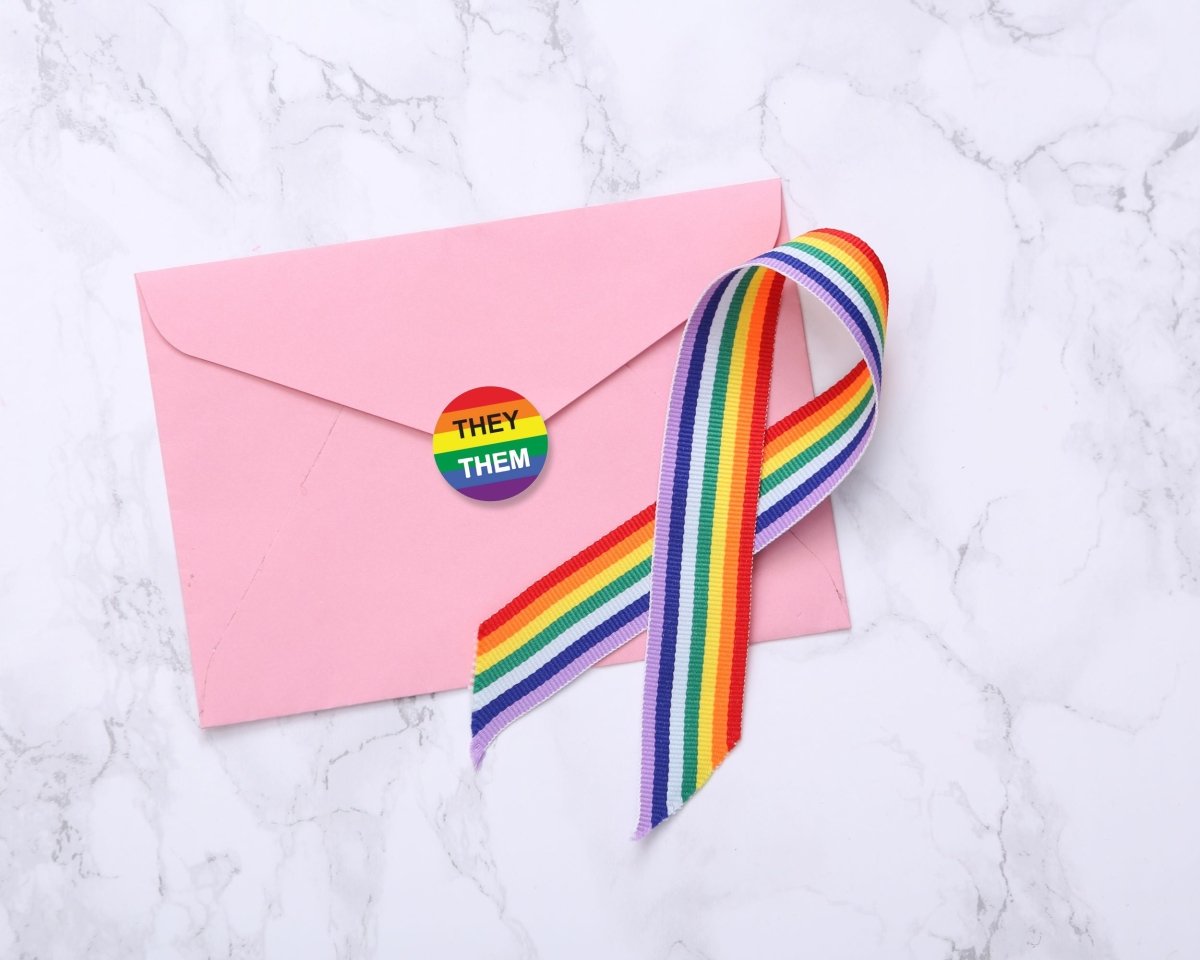 They Them Pronoun Rainbow Flag Stickers (250 Per Roll)