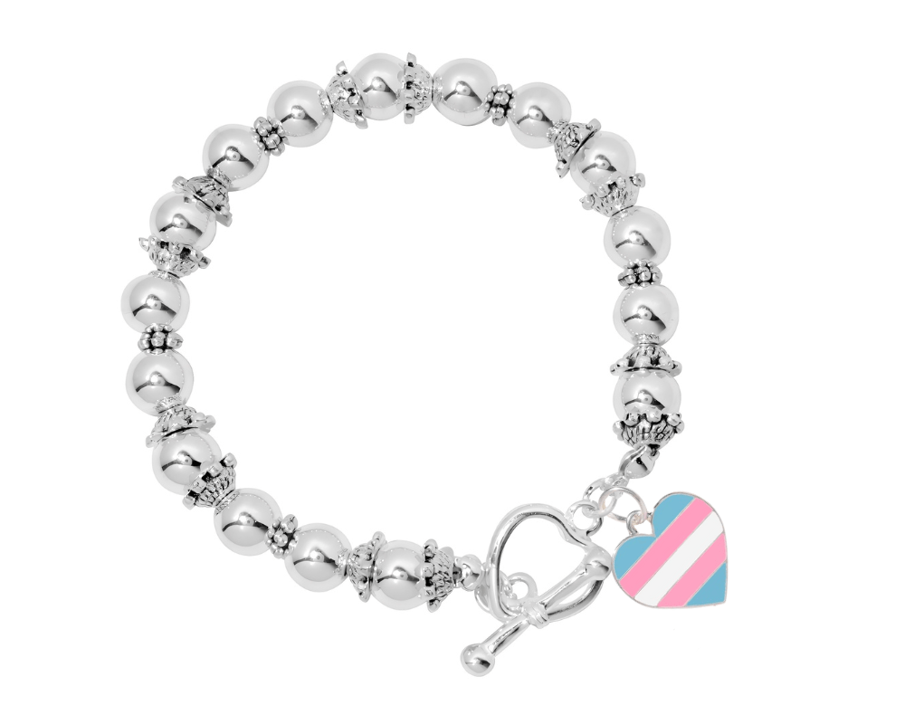 Transgender Heart Flag Silver Beaded Bracelets